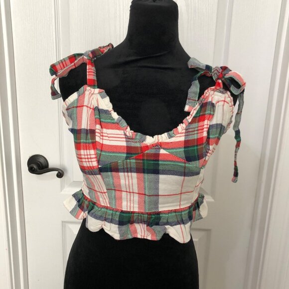 Aerie‎ Women's Plaid Sleeveless Crop Top With Shoulder Ties & Ruffle Hem Size M - Picture 1 of 8